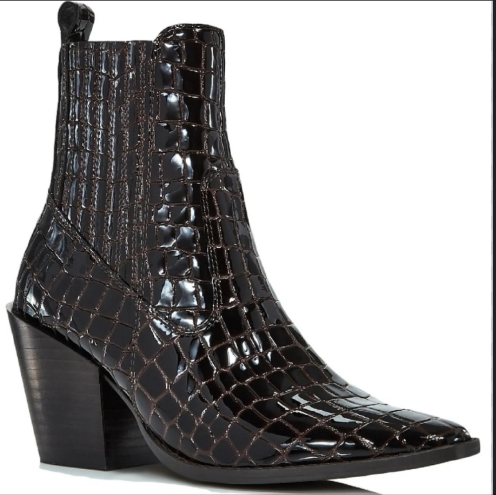 Aqua Dark Brown Patent Leather Crocodile Embossed Ankle Bootie Women's Size 8M